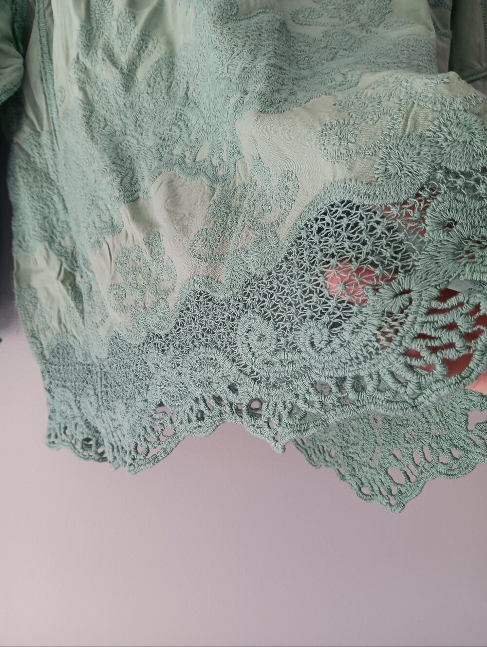 Democracy Boho Lace Embroidered Blouse Long Bell Sleeves Aqua Blue Small - Picture 3 of 14